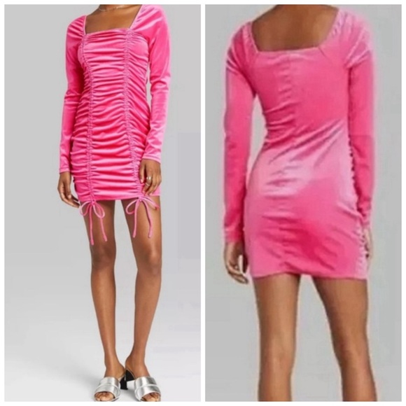 Barbie Core Hot Pink Velvet Drawstring Mini Dress - Picture 1 of 8